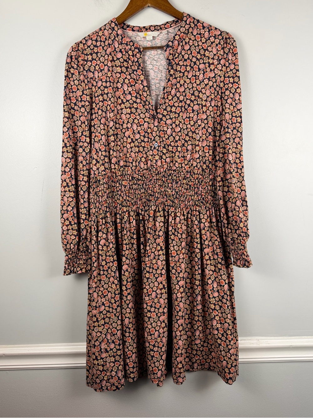 Boden Smocked Jersey Shirt Dress  10R Smocked Waist And Sleeves Floral